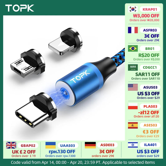 Magnetic Charging Cable 3 IN 1 TOPK 360 Rotation Magnetic Phone Charger Cable with LED Light for Micro USB Type C Cable